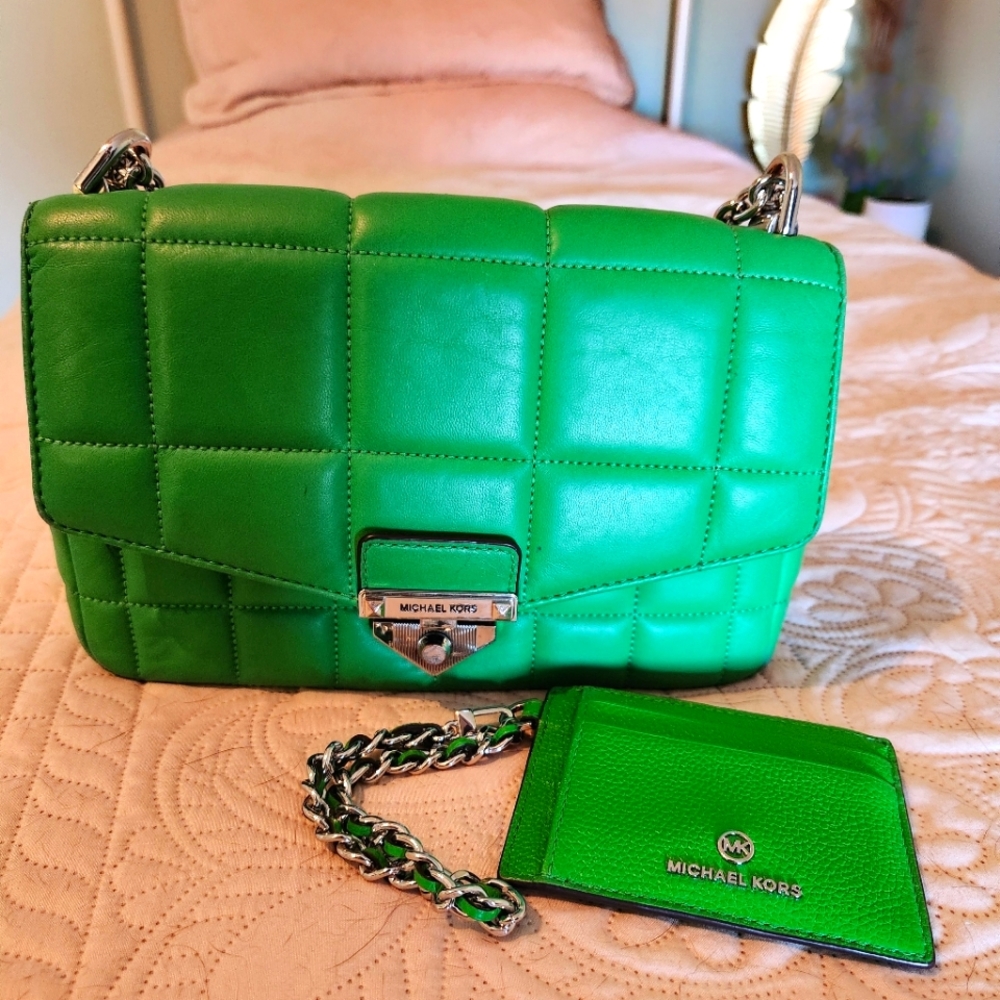 Michael Kors Green Soho Purse Crossbody with card holder set
